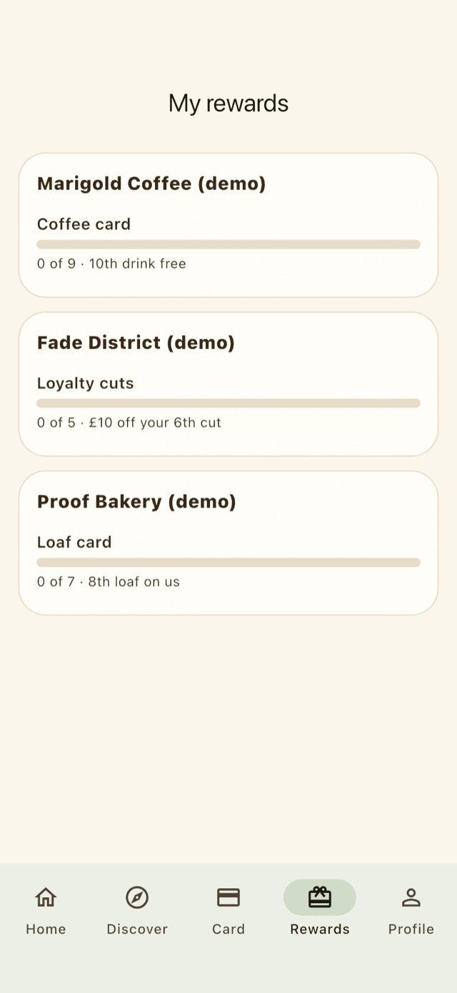 The Coco Card rewards screen, tracking stamps earned and treats ready to redeem