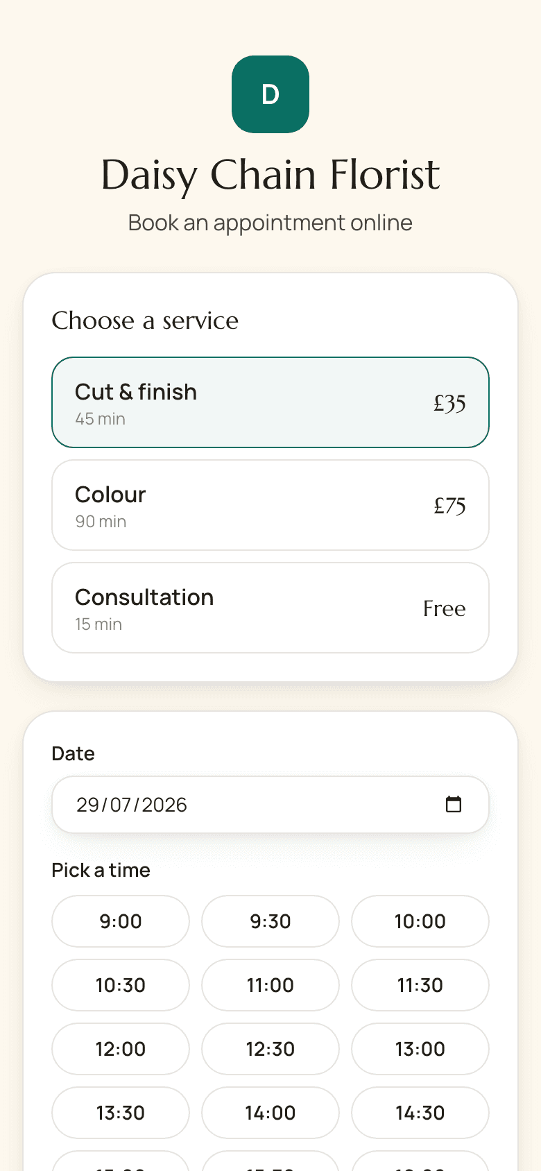 The Business Hub online booking page showing bookable time slots