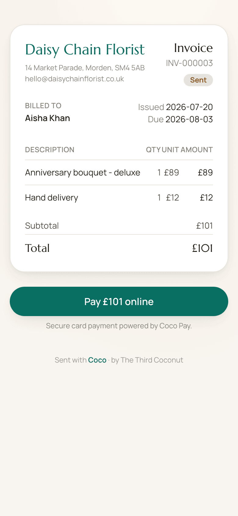 A branded Business Hub invoice with an online Pay button