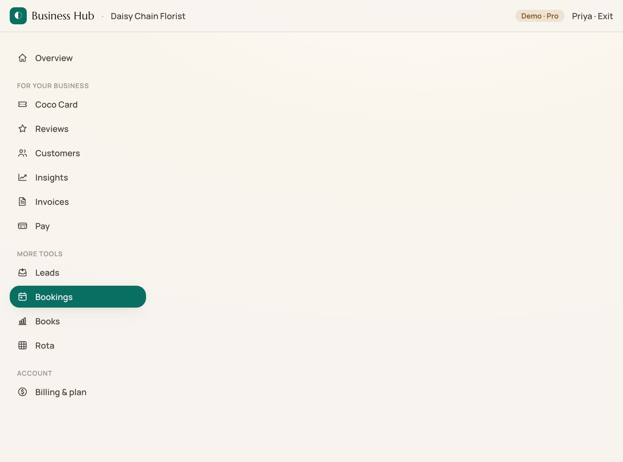 CocoBackoffice bookings diary on a tablet, with upcoming appointments and mark-done, no-show and cancel controls