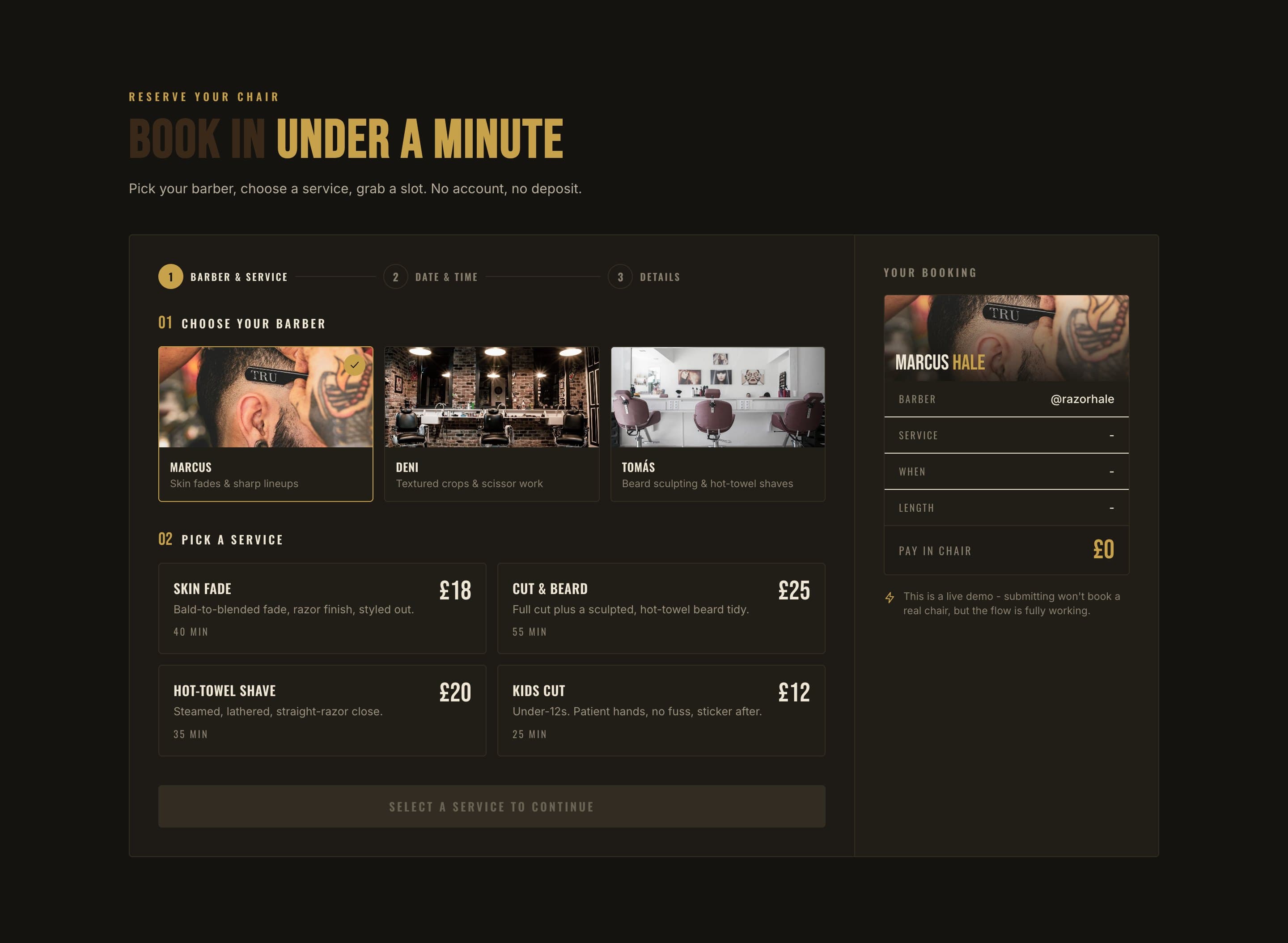 A three-step booking flow - pick a barber, pick a service, pick a slot - from the Fadehouse Barbers prototype