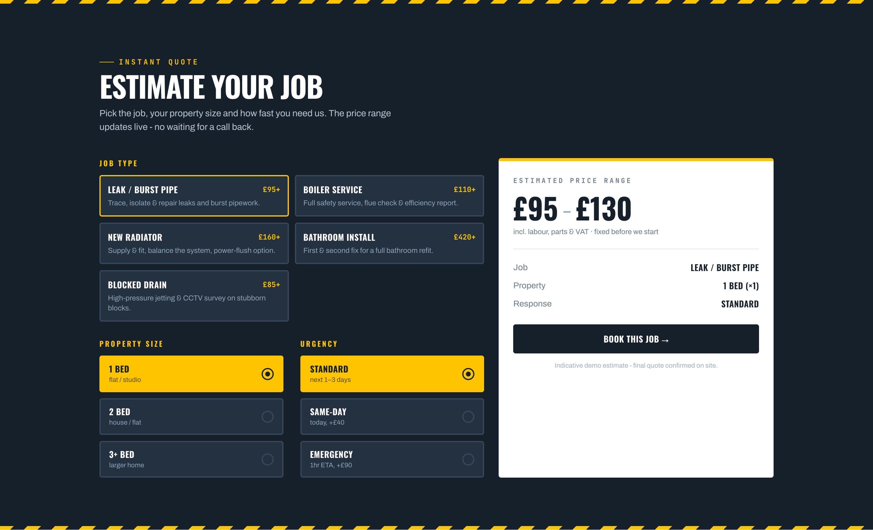 A quote estimator that updates a price range live as the job, property size and urgency are chosen, from the FlowFix Plumbing prototype