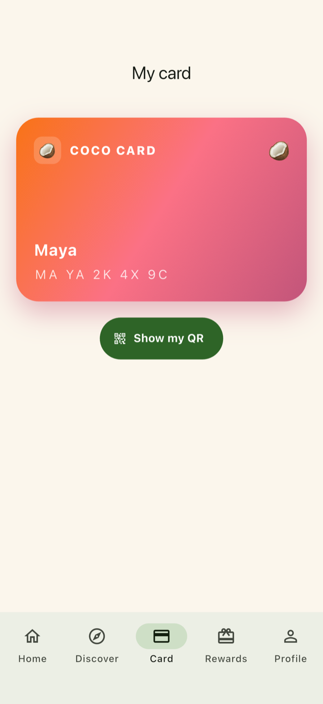 The Coco Card card screen with a live QR code